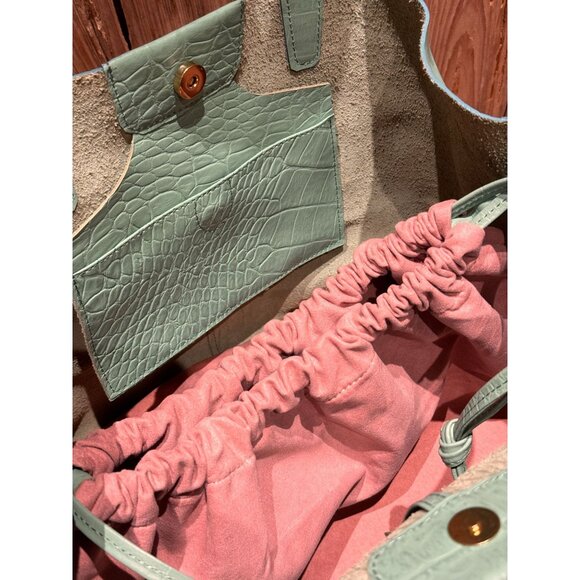 Tatiana Luna Baby Blue Croc-Embossed Leather Tote Bag With Pink Interior & Magne - Picture 5 of 5